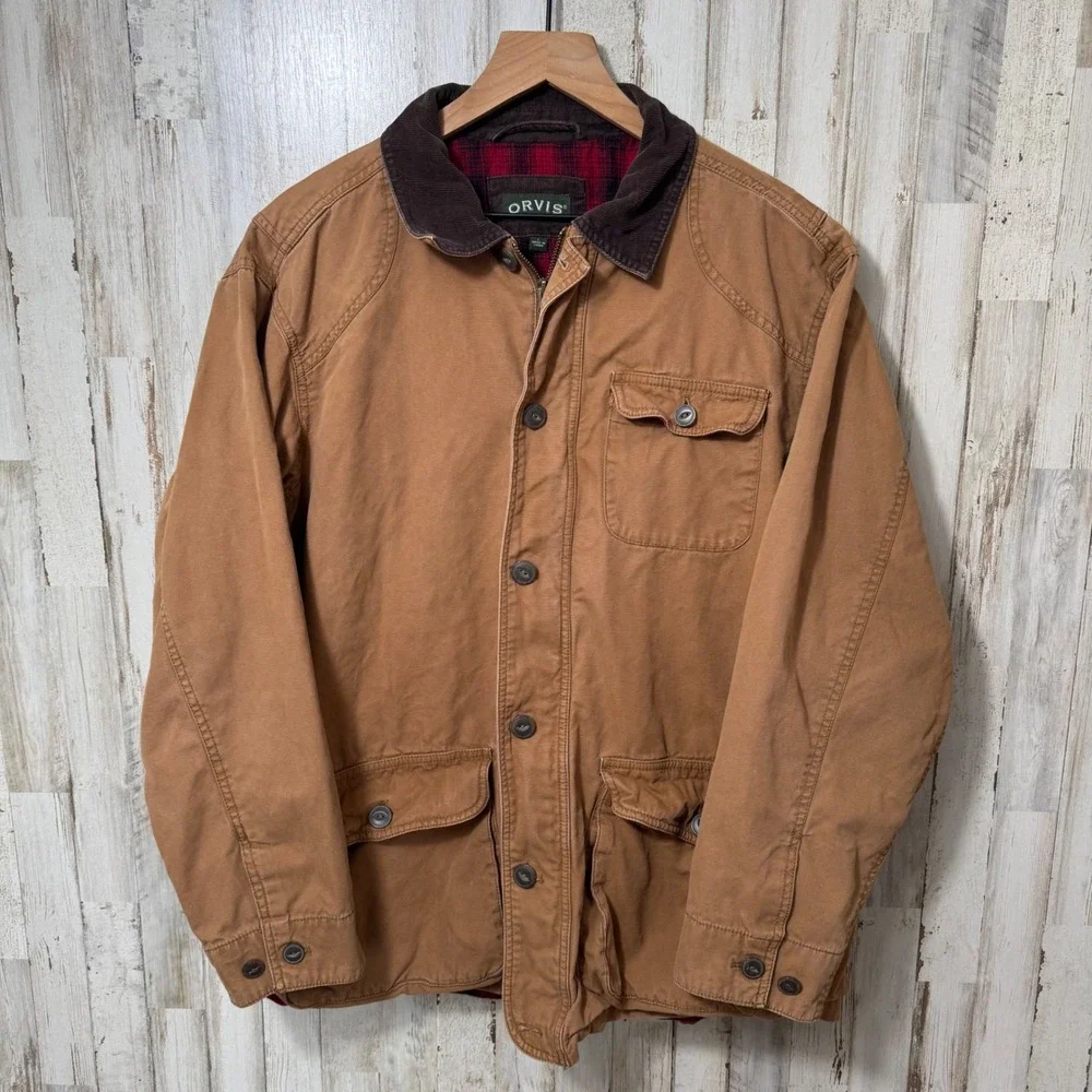 Vintage Orvis Chore Barn Utility Jacket‎ Corduroy Collar Flannel Lining Mens L